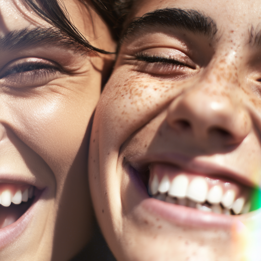 Close-up of two people smiling.